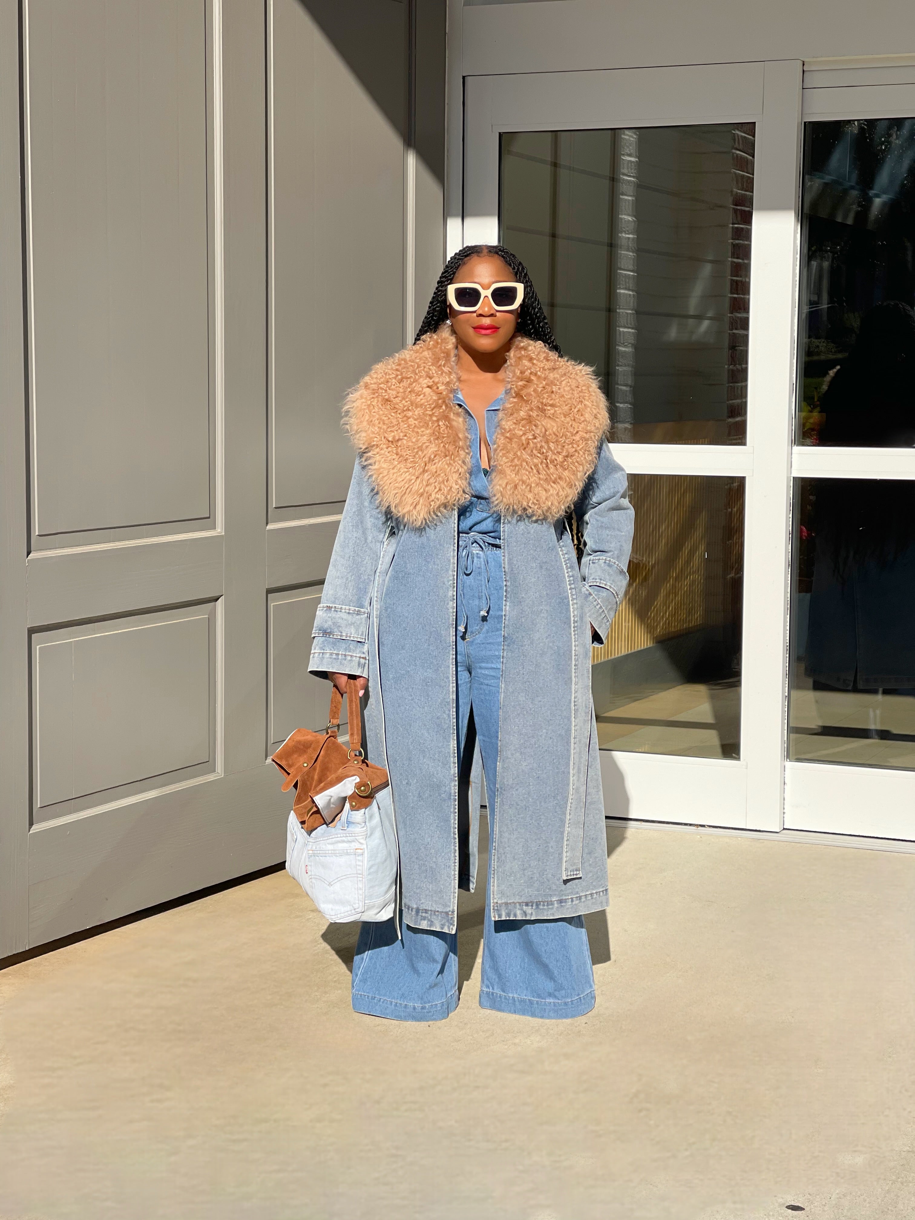 GOLDxTEAL denim trench coat with Mongolian fur collar.