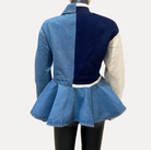 GOLDxTEAL denim paneled peplum jacket.