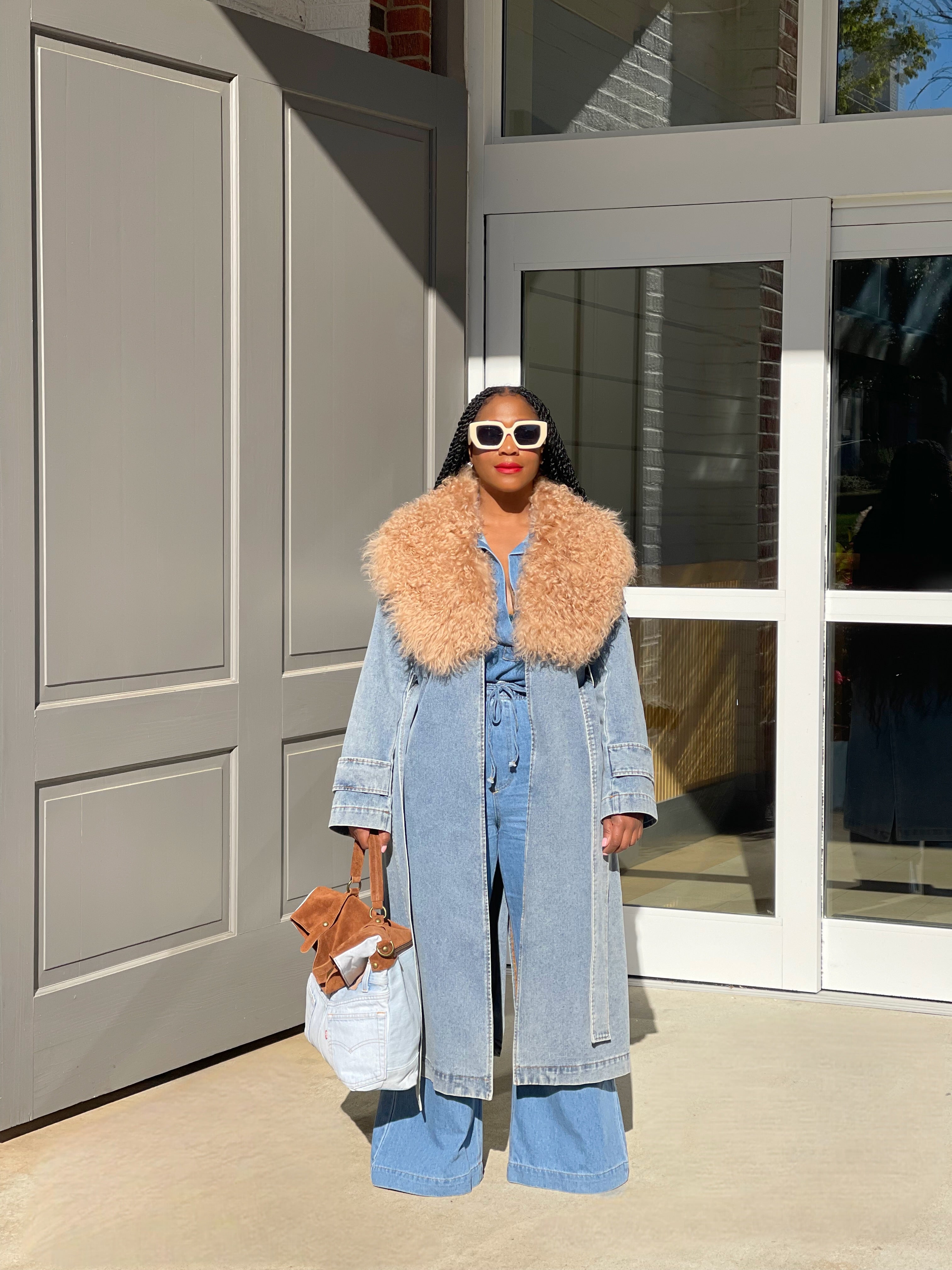 GOLDxTEAL denim trench coat with Mongolian fur collar.