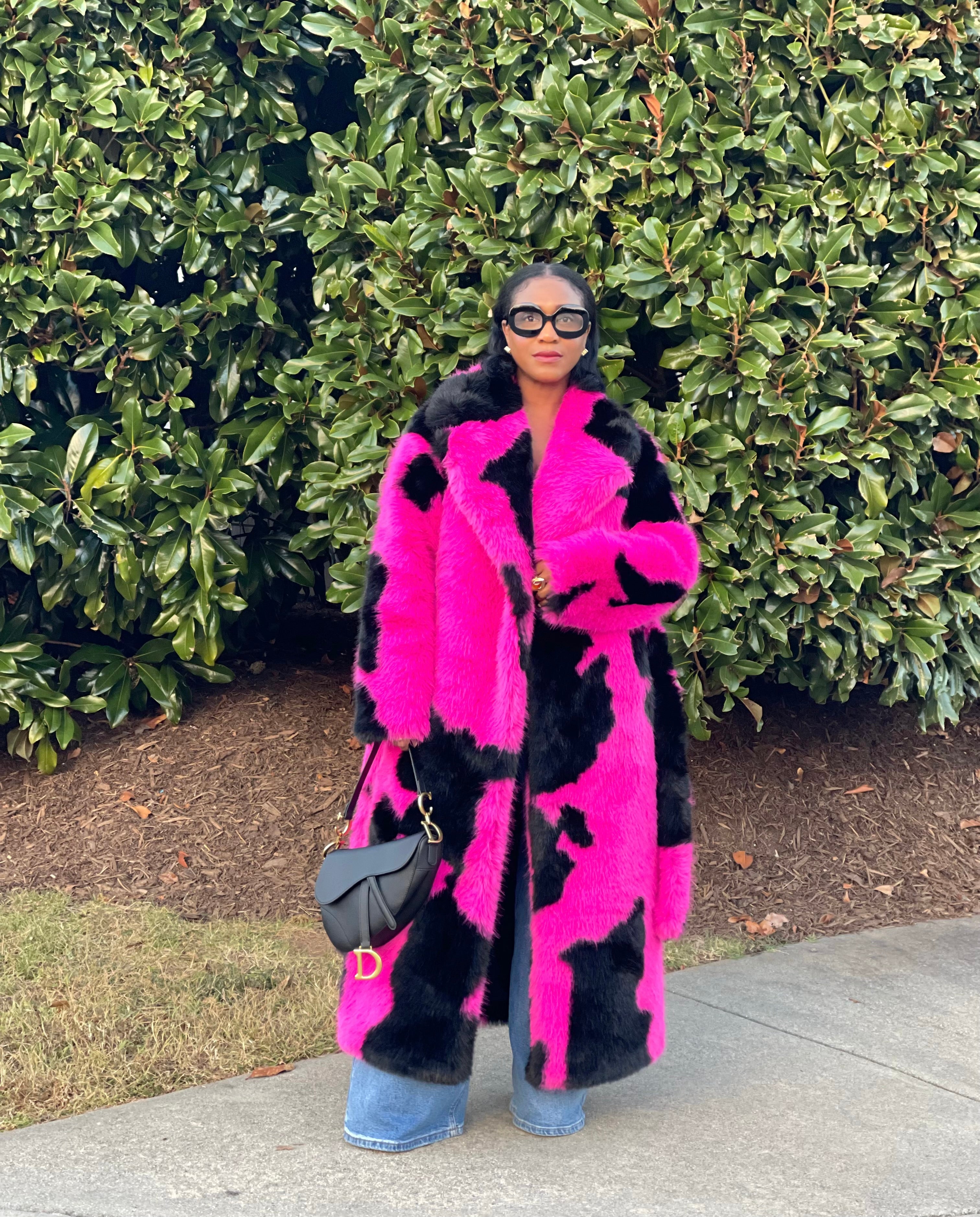 GOLDxTEAL gorgeous pink and black faux fur coat.