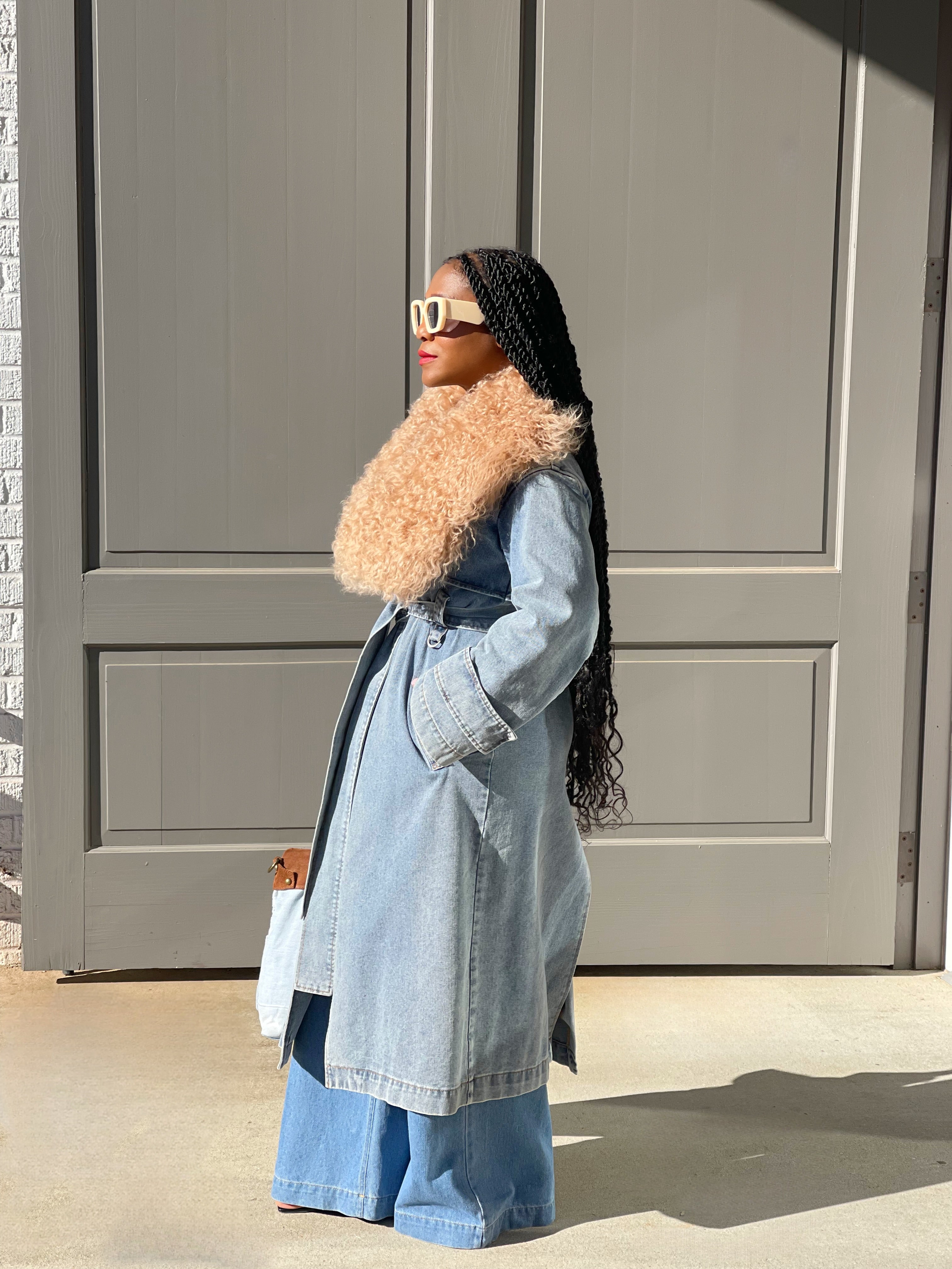 GOLDxTEAL denim trench coat with Mongolian fur collar.