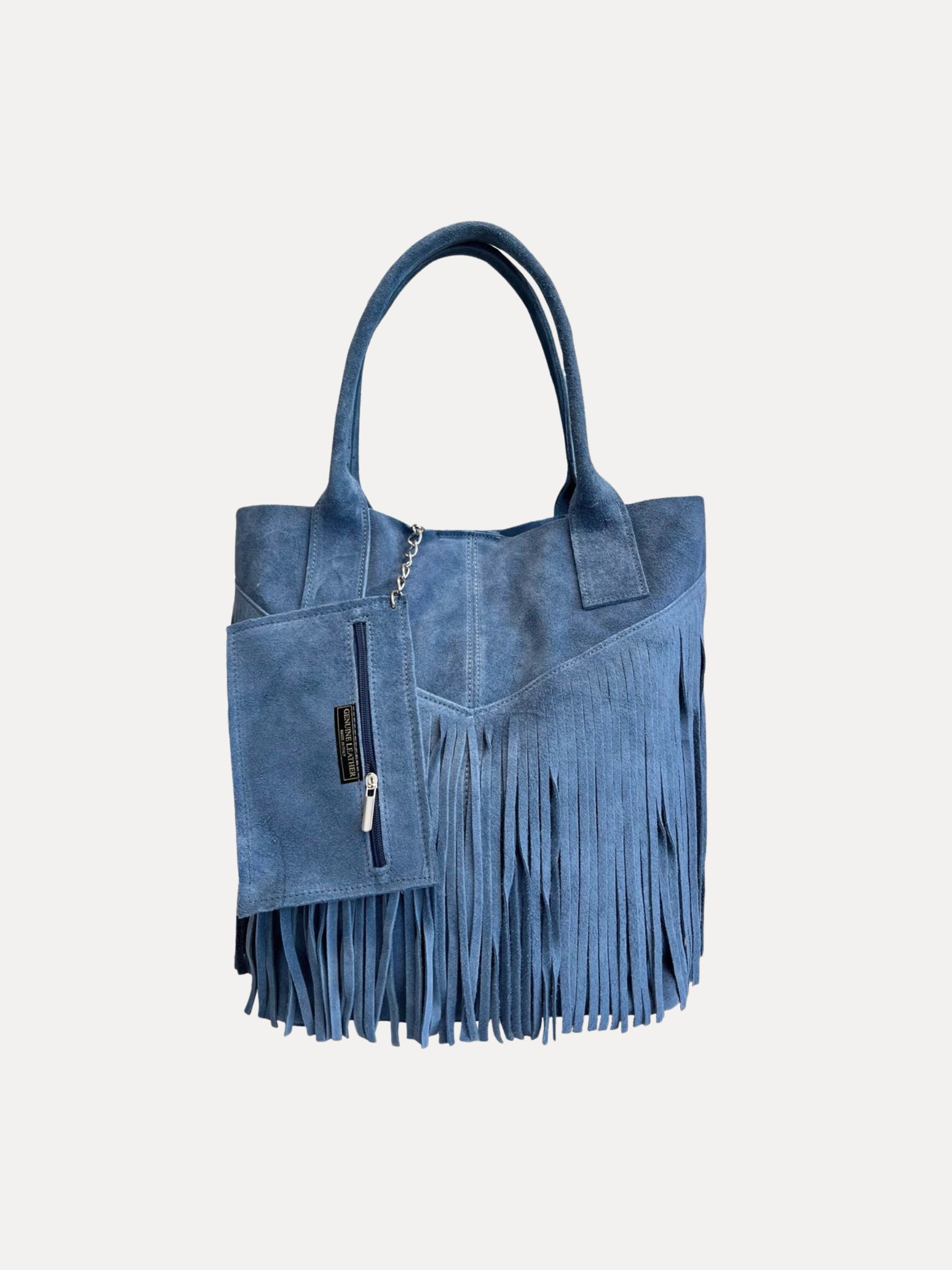 GOLDxTEAL gorgeous denim blue suede fringe handbag.