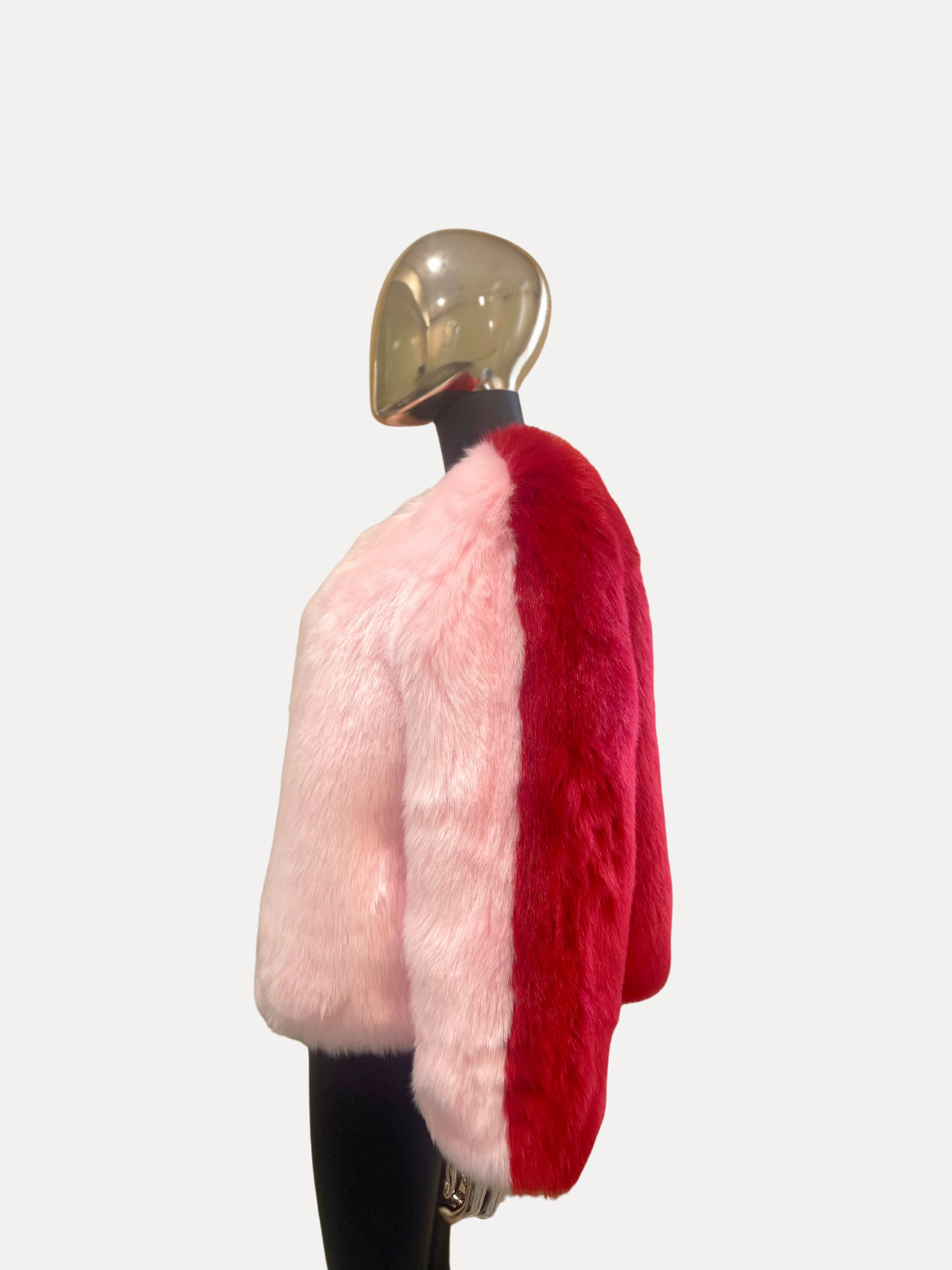 GOLDxTEAL gorgeous two toned pink and red faux fur jacket.