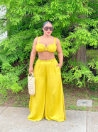 GOLDxTEAL chartreuse color wide leg linen pant set with matching bra top.