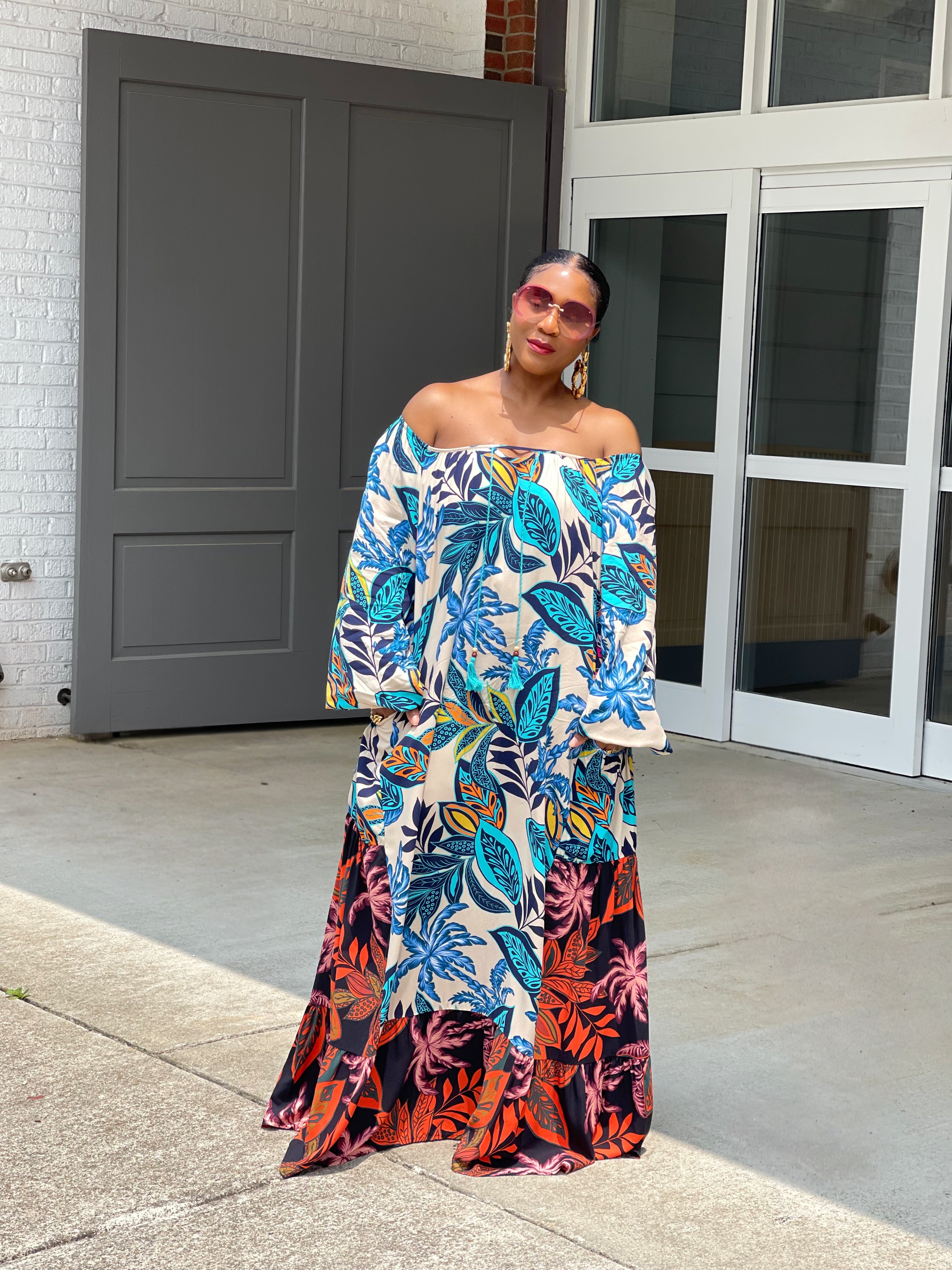 GOLDxTEAL colorful printed paneled maxi dress.