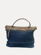 GOLDxTEAL stylish handmade taupe leather and denim handbag.