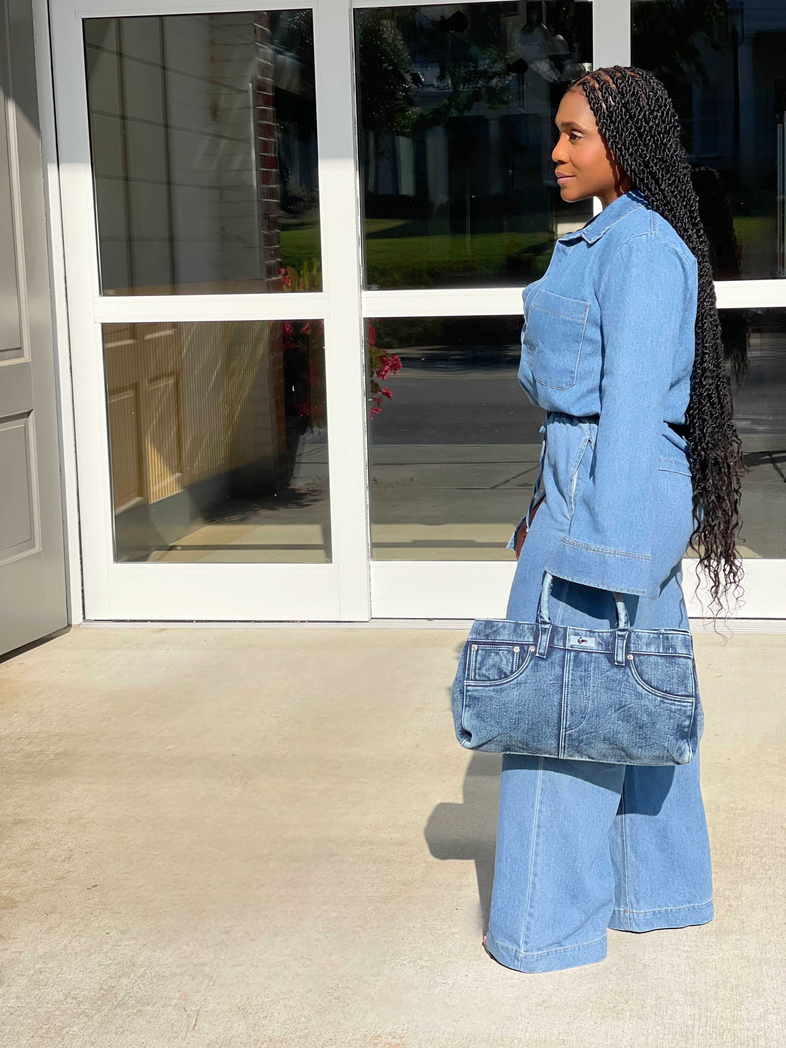 GOLDxTEAL denim wide leg pant set.