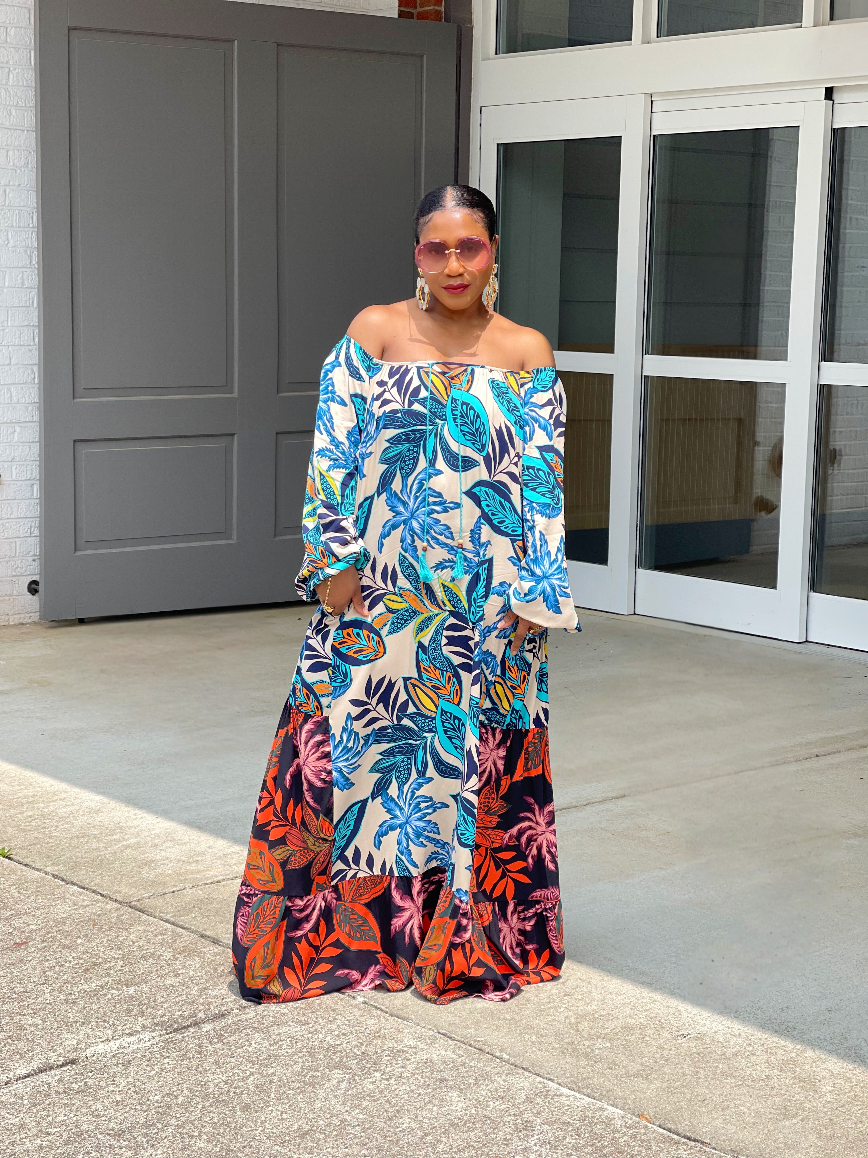 GOLDxTEAL colorful printed paneled maxi dress.