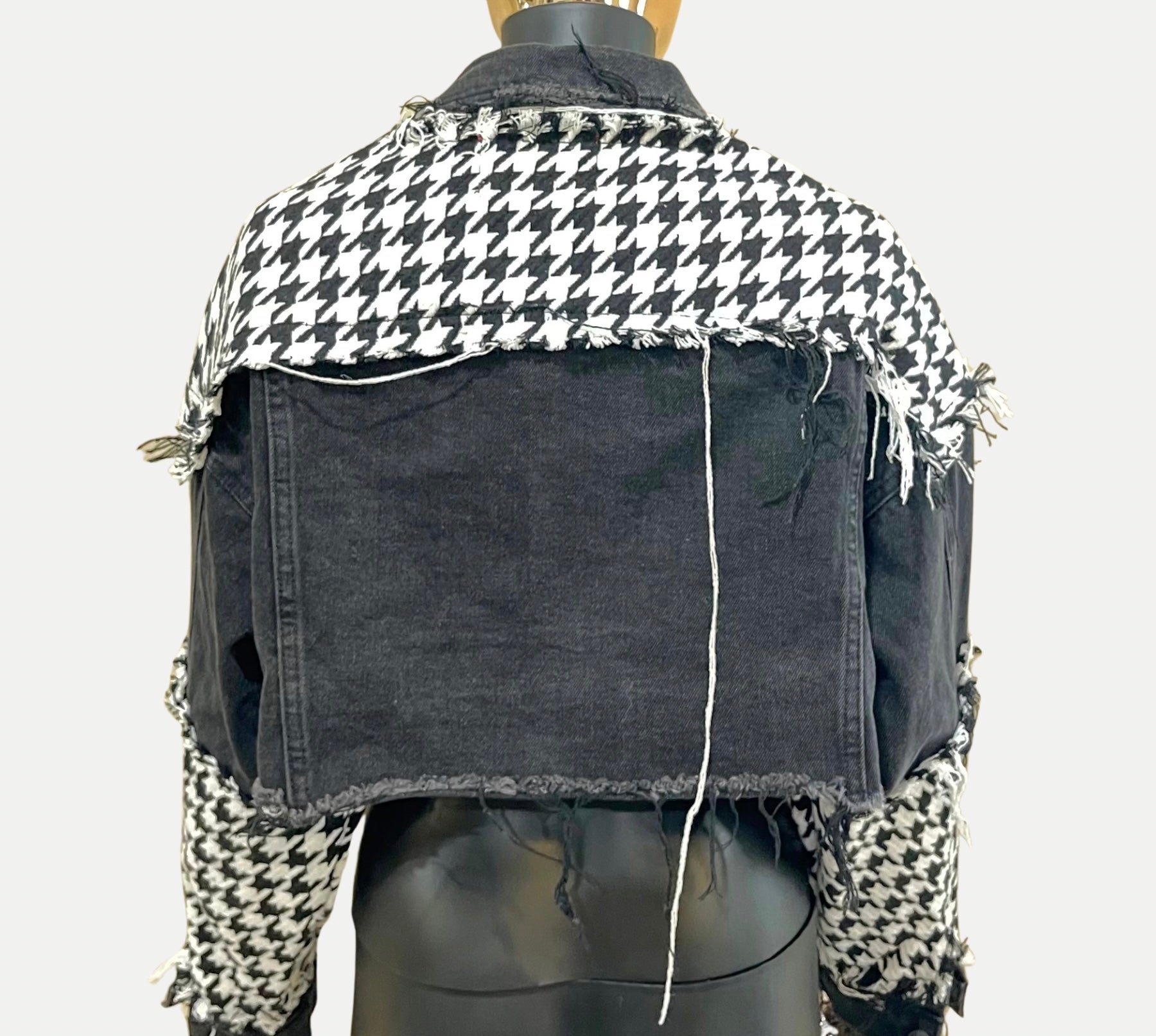 GOLDxTEAL charcoal denim houndstooth crop jacket.