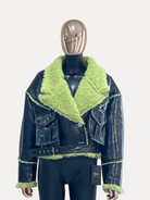 GOLDxTEAL stylish textured vegan patent leather faux fur shearling jacket.