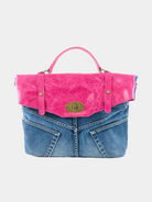 GOLDxTEAL pink leather and denim satchel handbag.