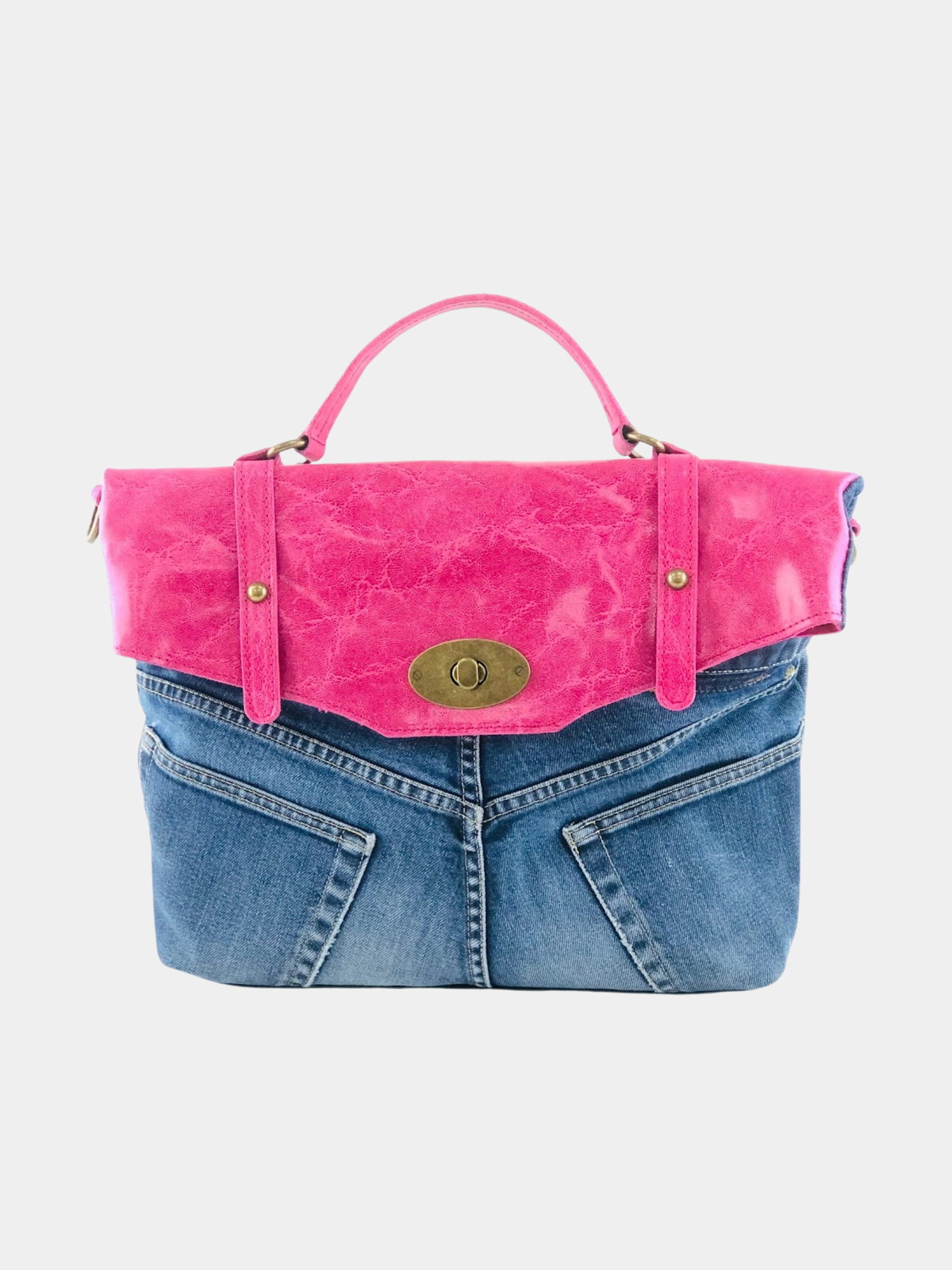 GOLDxTEAL pink leather and denim satchel handbag.