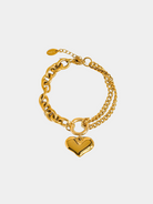 GOLDxTEAL chic chain link heart charm bracelet in 18k gold plating.