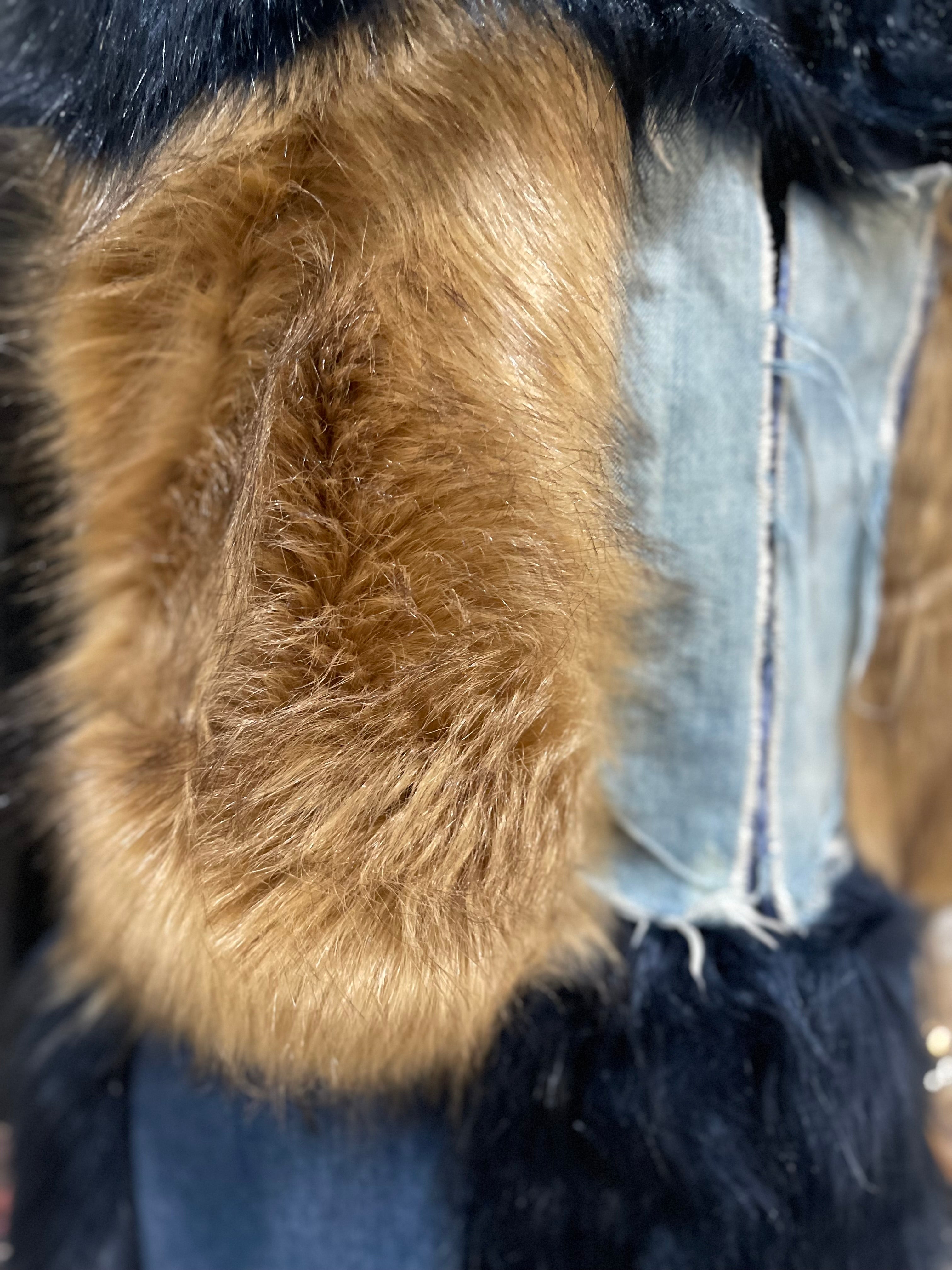 GOLDxTEAL denim and faux fur vest coat.