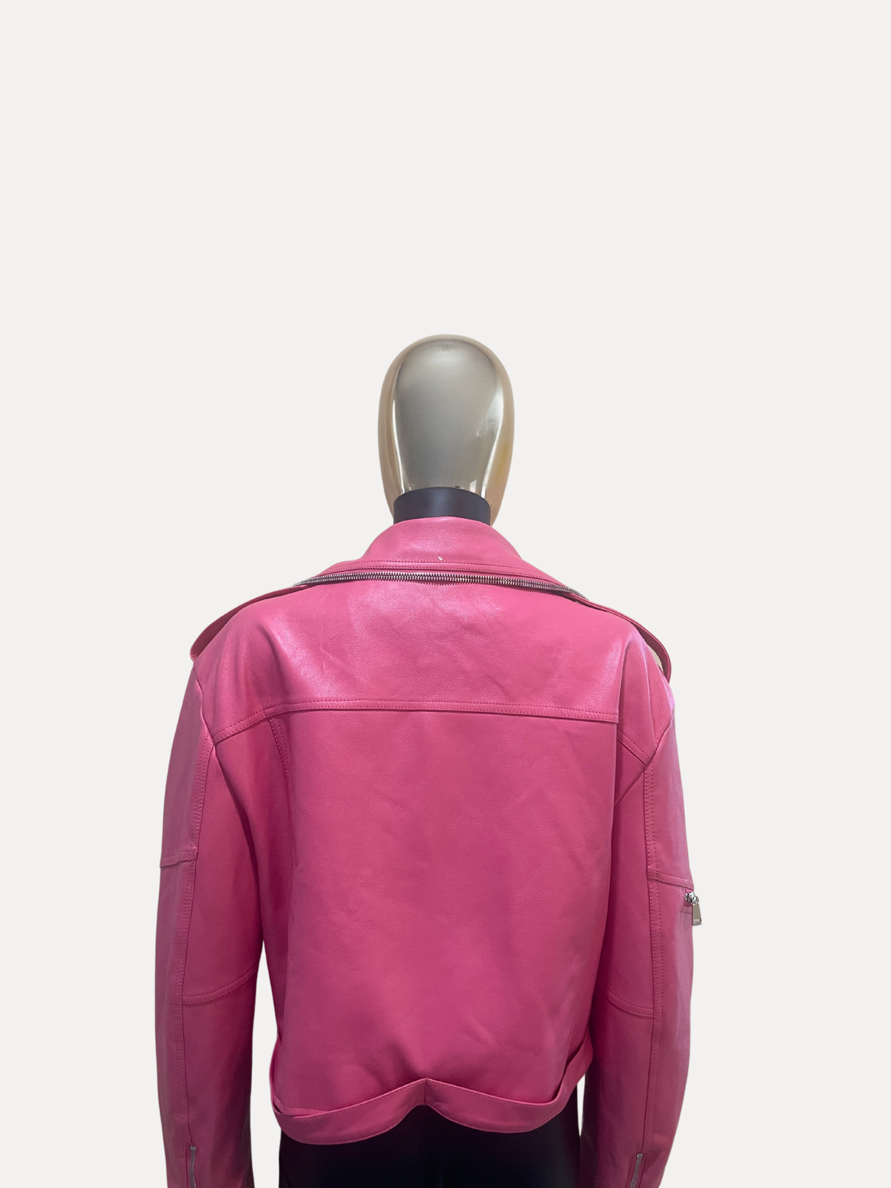 GOLDxTEAL pink vegan leather jacket.