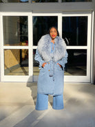 GOLDxTEAL denim and fur collar trench coat.