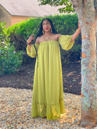 GOLDxTEAL chartreuse off the shoulder maxi dress. Gorgeous green off the shoulder maxi dress with ruffle hemline