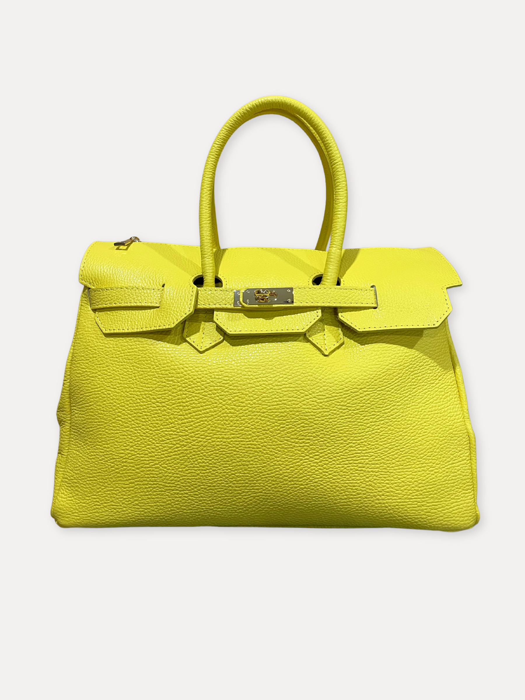 GOLDxTEAL canary yellow leather pebbled handbag.