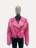 GOLDxTEAL pink vegan leather jacket.