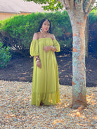 GOLDxTEAL chartreuse off the shoulder maxi dress. Gorgeous green off the shoulder maxi dress with ruffle hemline.