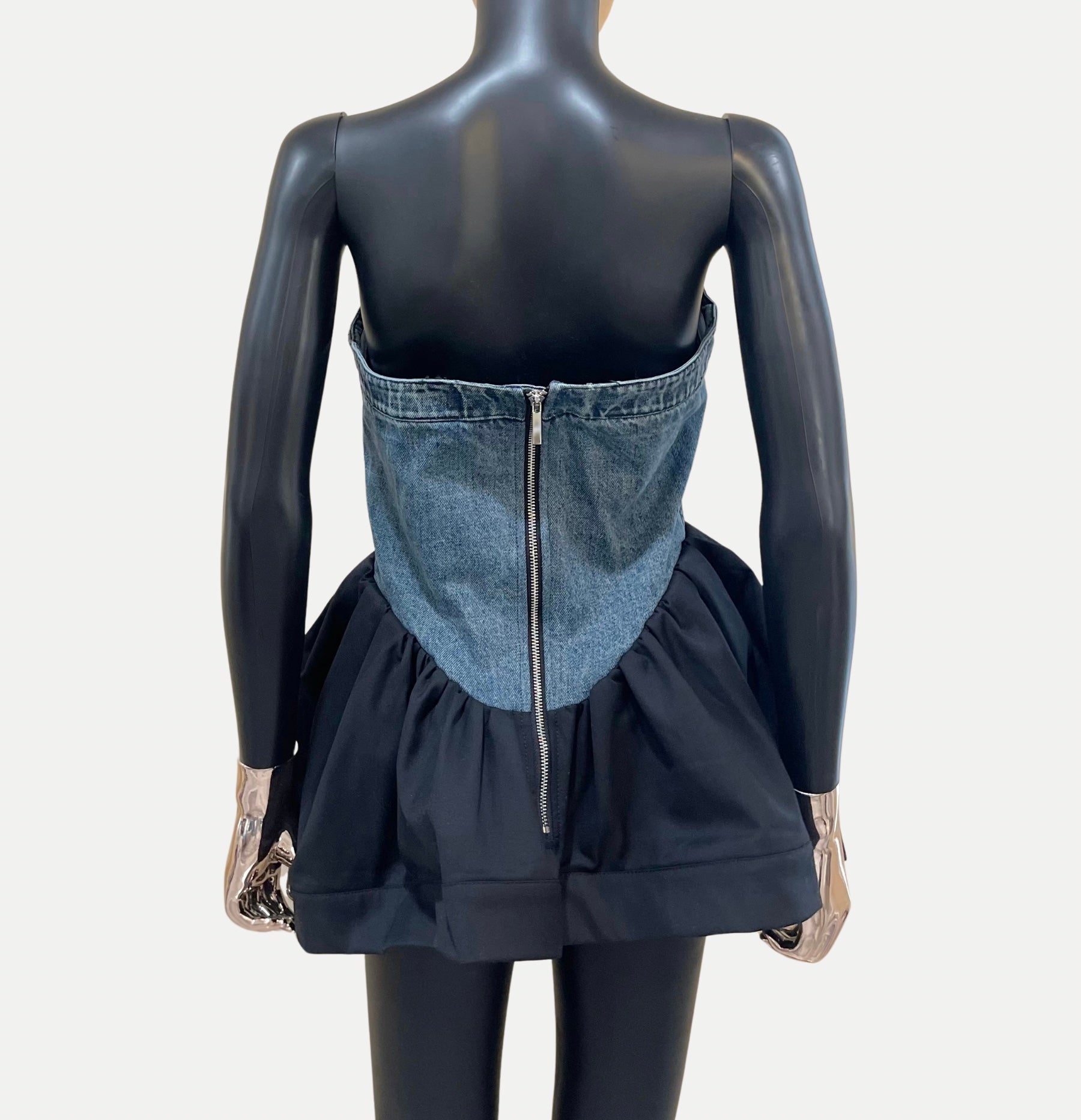 GOLDxTEAL denim bustier peplum top.