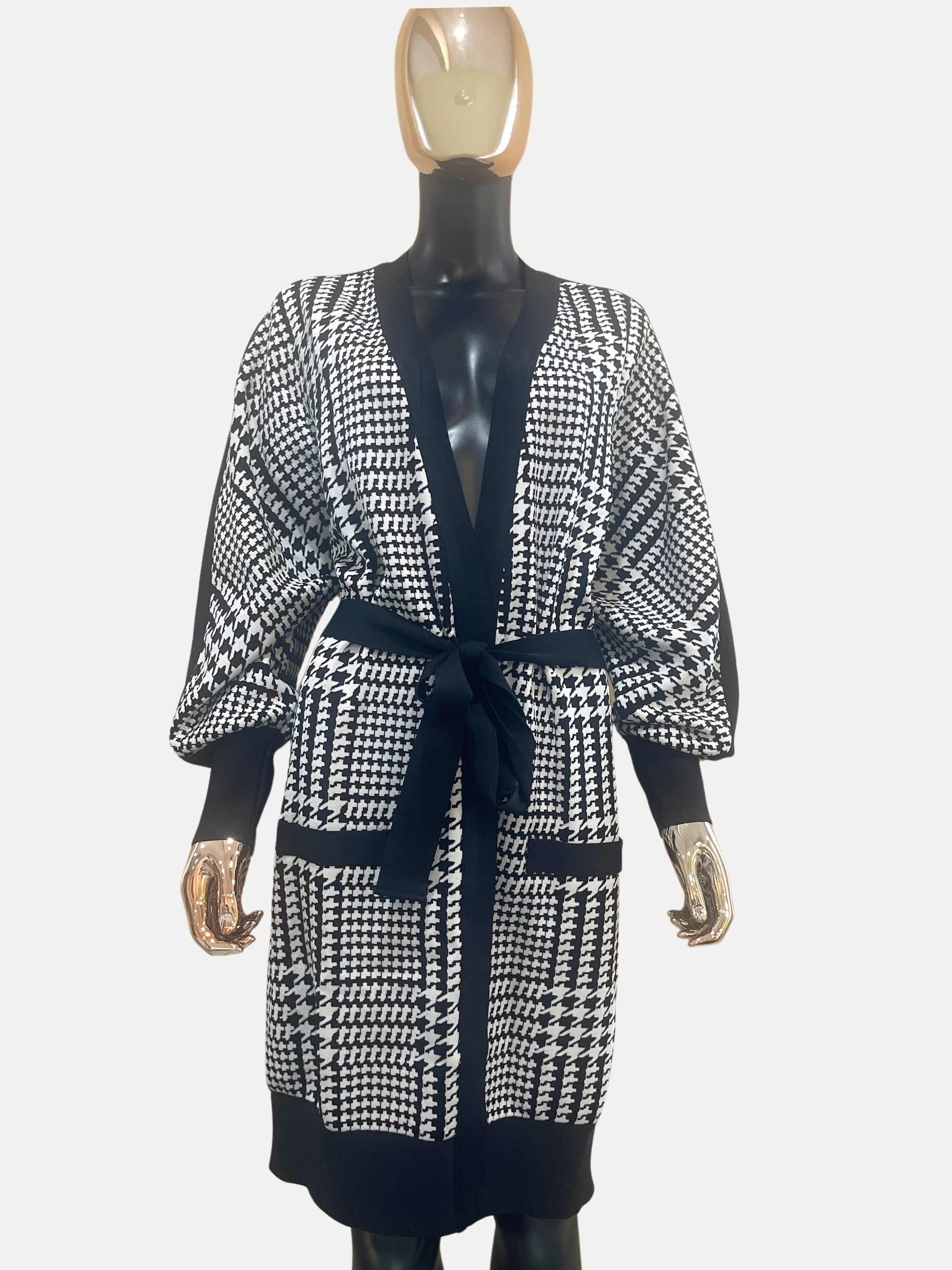 GOLDxTEAL stylish knit houndstooth printed cardigan.