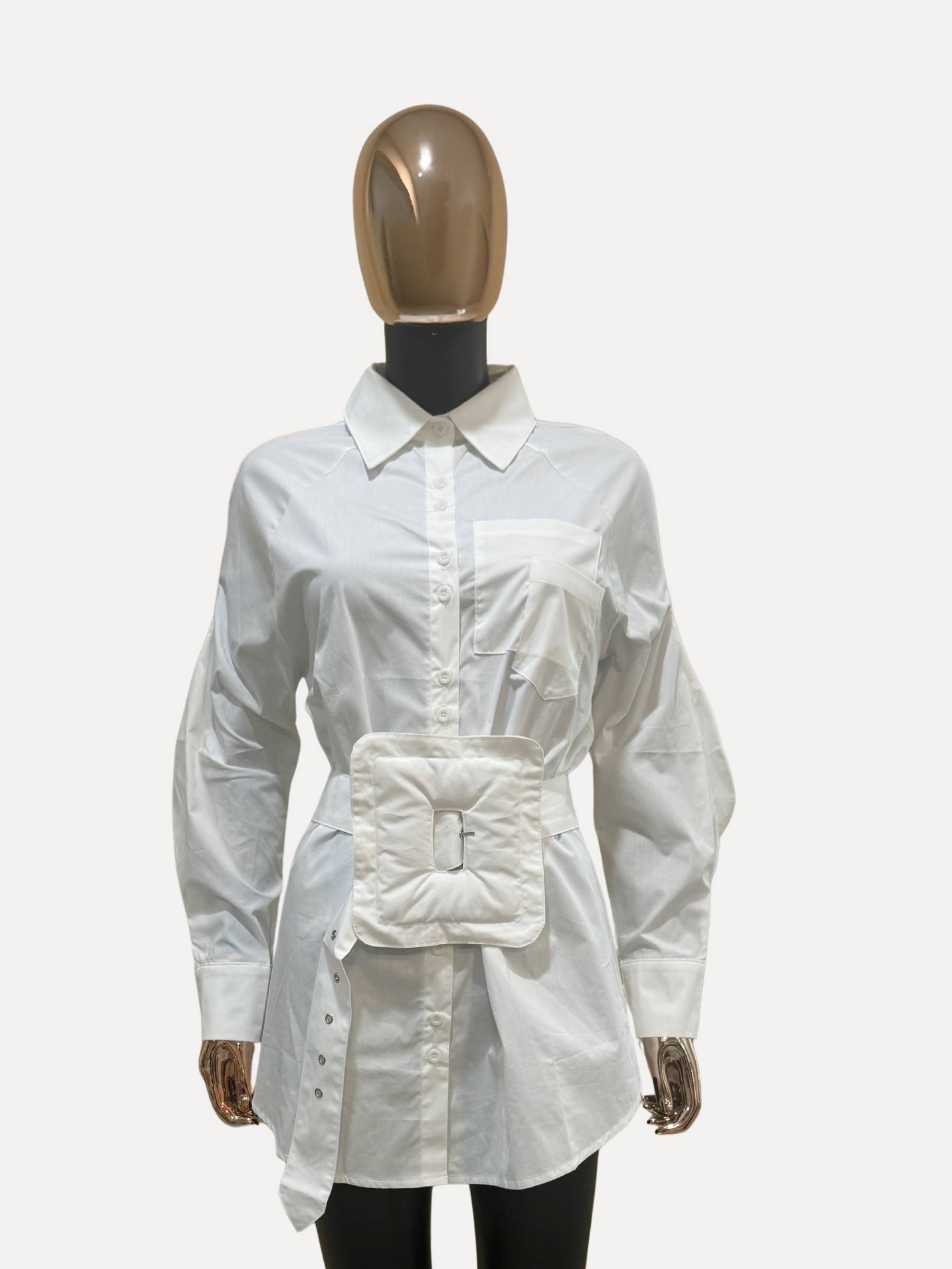 GOLDxTEAL stylish white button up shirt with statement waist belt.