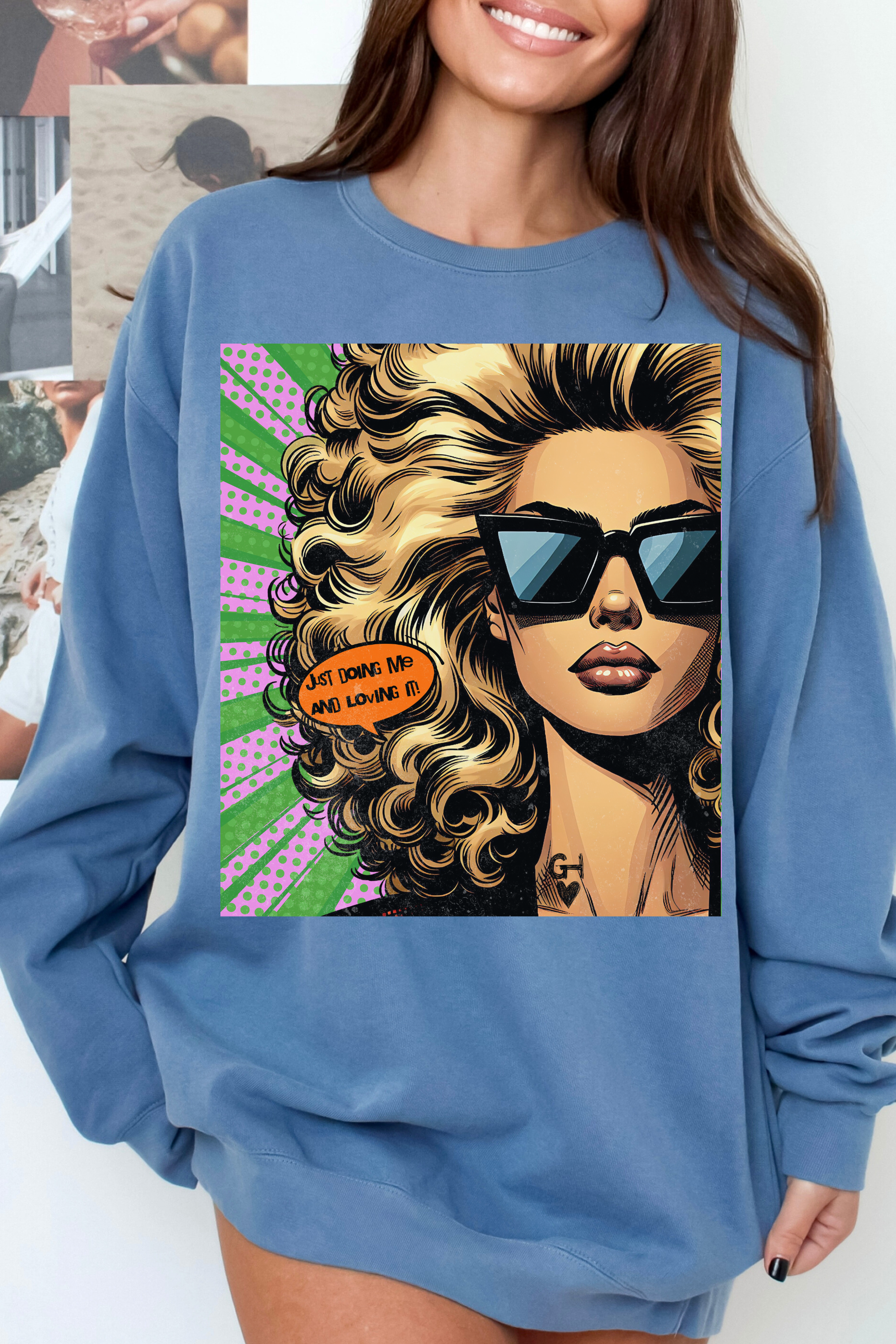 GOLDxTEAL  stylish colorful  comic cartoon graphic sweatshirt.