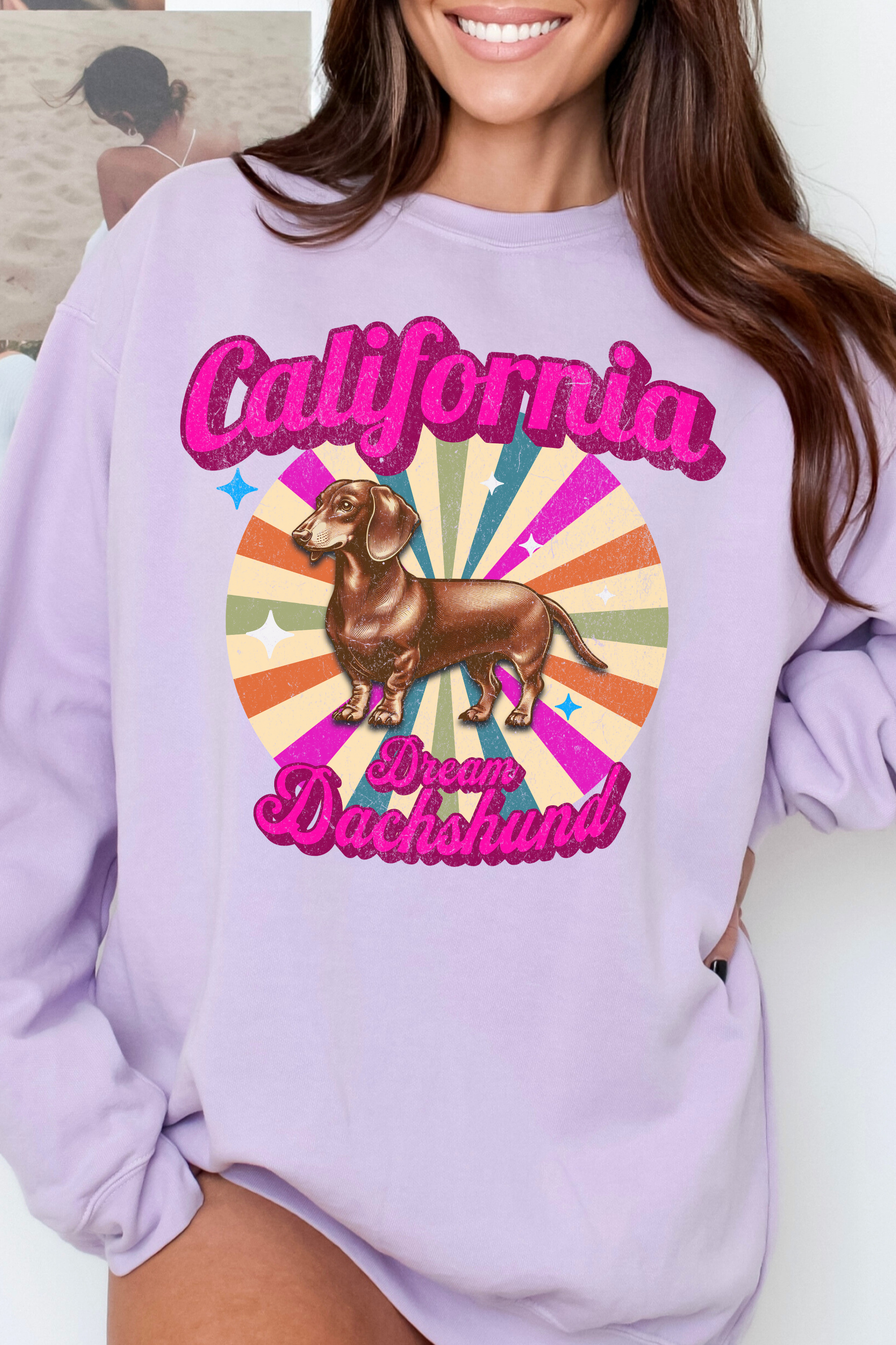 GOLDxTEAL colorful California Dream Dachshund graphic sweatshirt.