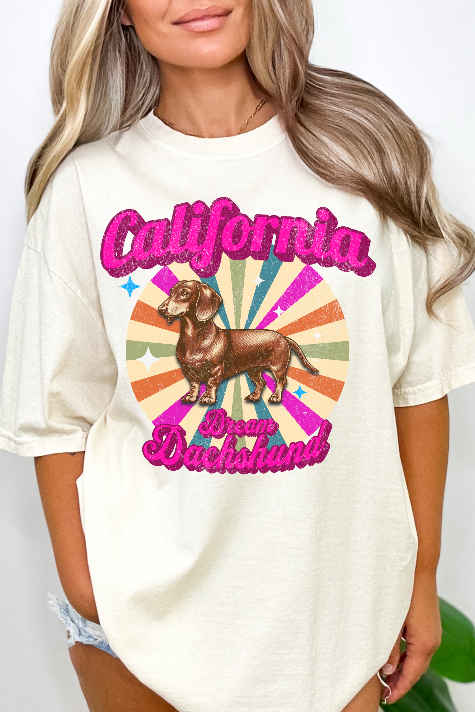 GOLDxTEAL colorful California Dream Dachshund graphic t-shirt.
