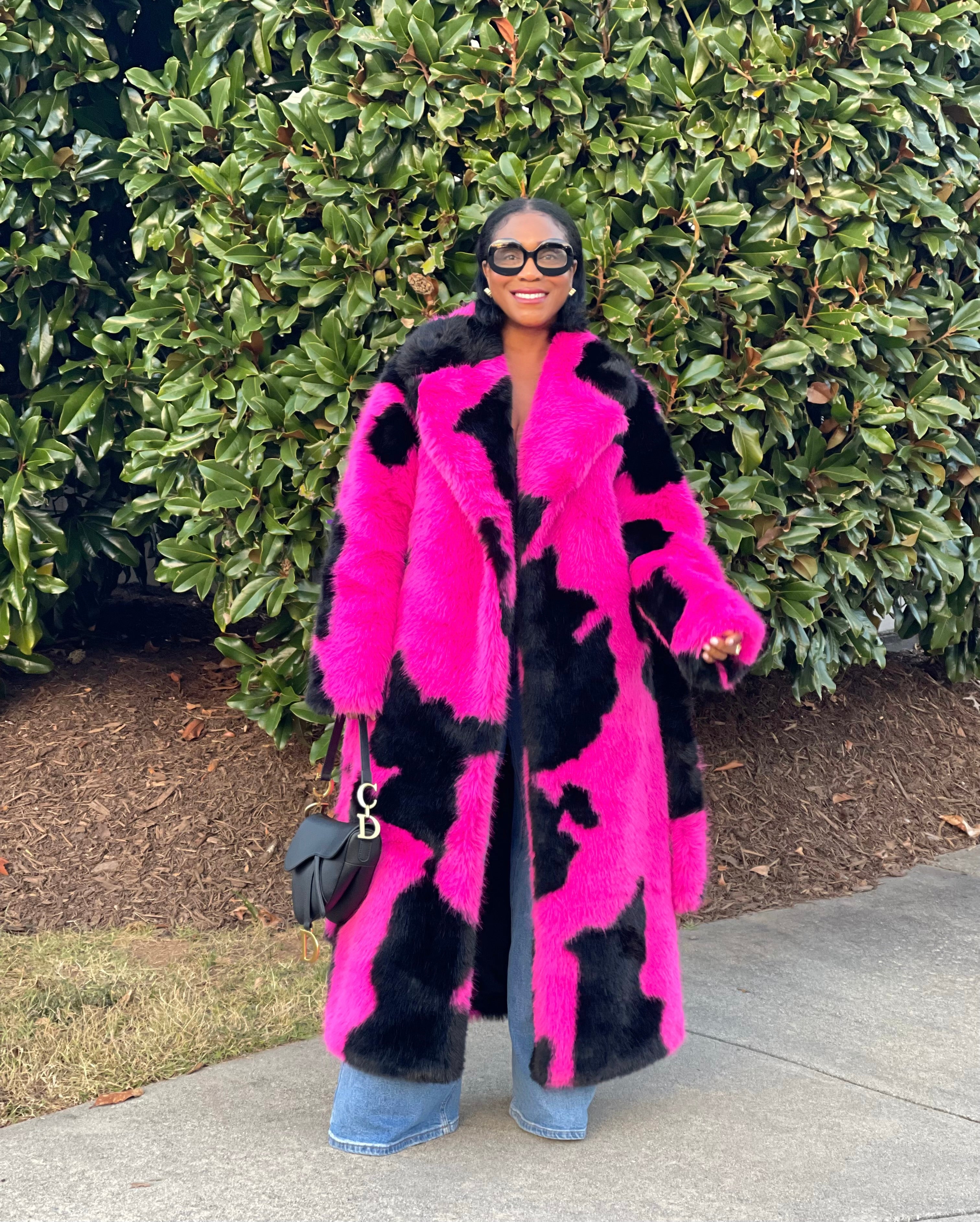 GOLDxTEAL gorgeous pink and black faux fur coat.