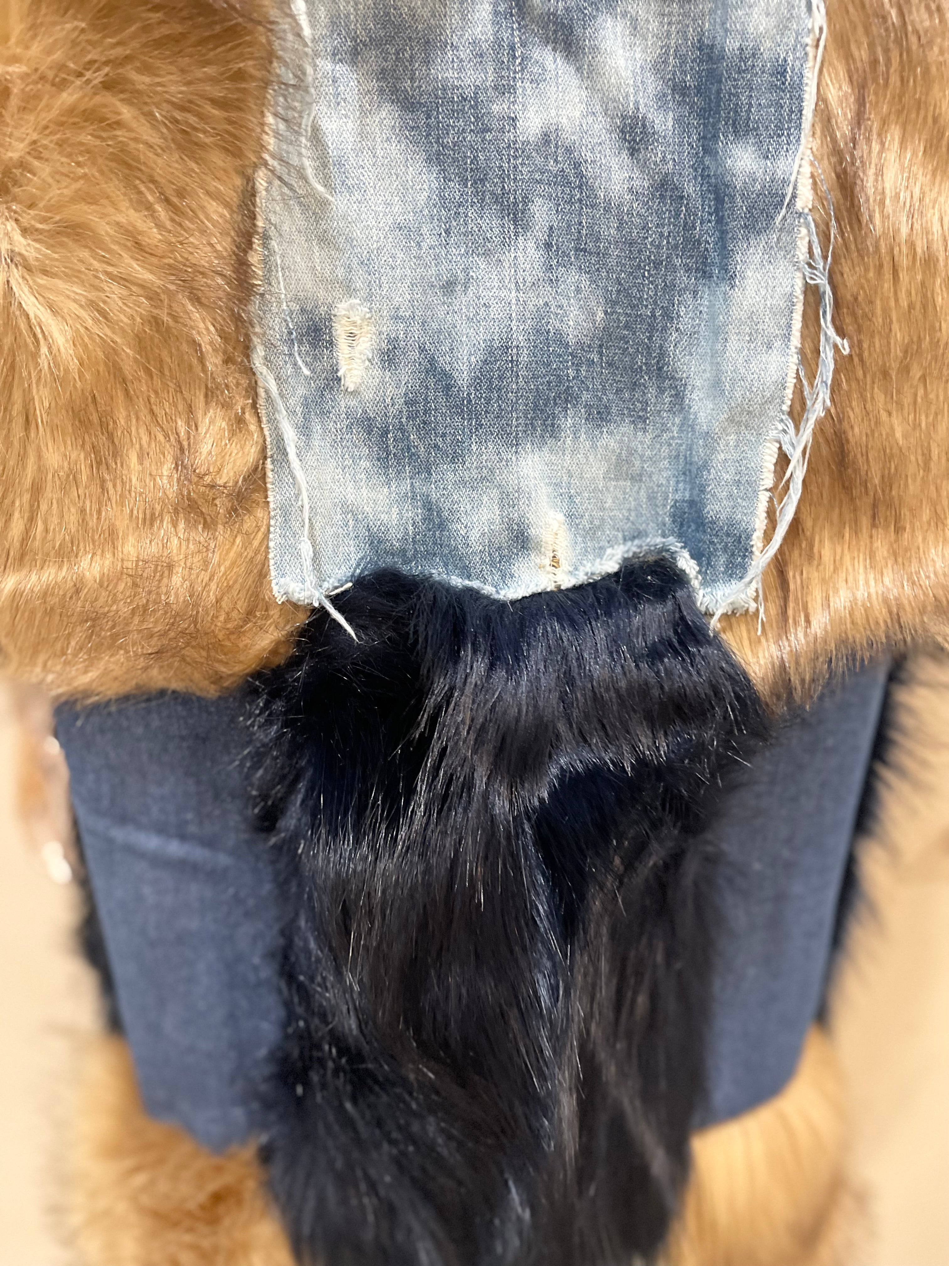 GOLDxTEAL denim and faux fur vest coat.