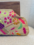 GOLDxTEAL gorgeous Costa Rica Clutch. Handcrafted embroidered and beaded clutch with wooden handle.