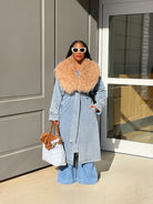 GOLDxTEAL denim trench coat with Mongolian fur collar.