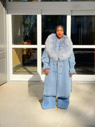 GOLDxTEAL denim and fur collar trench coat.