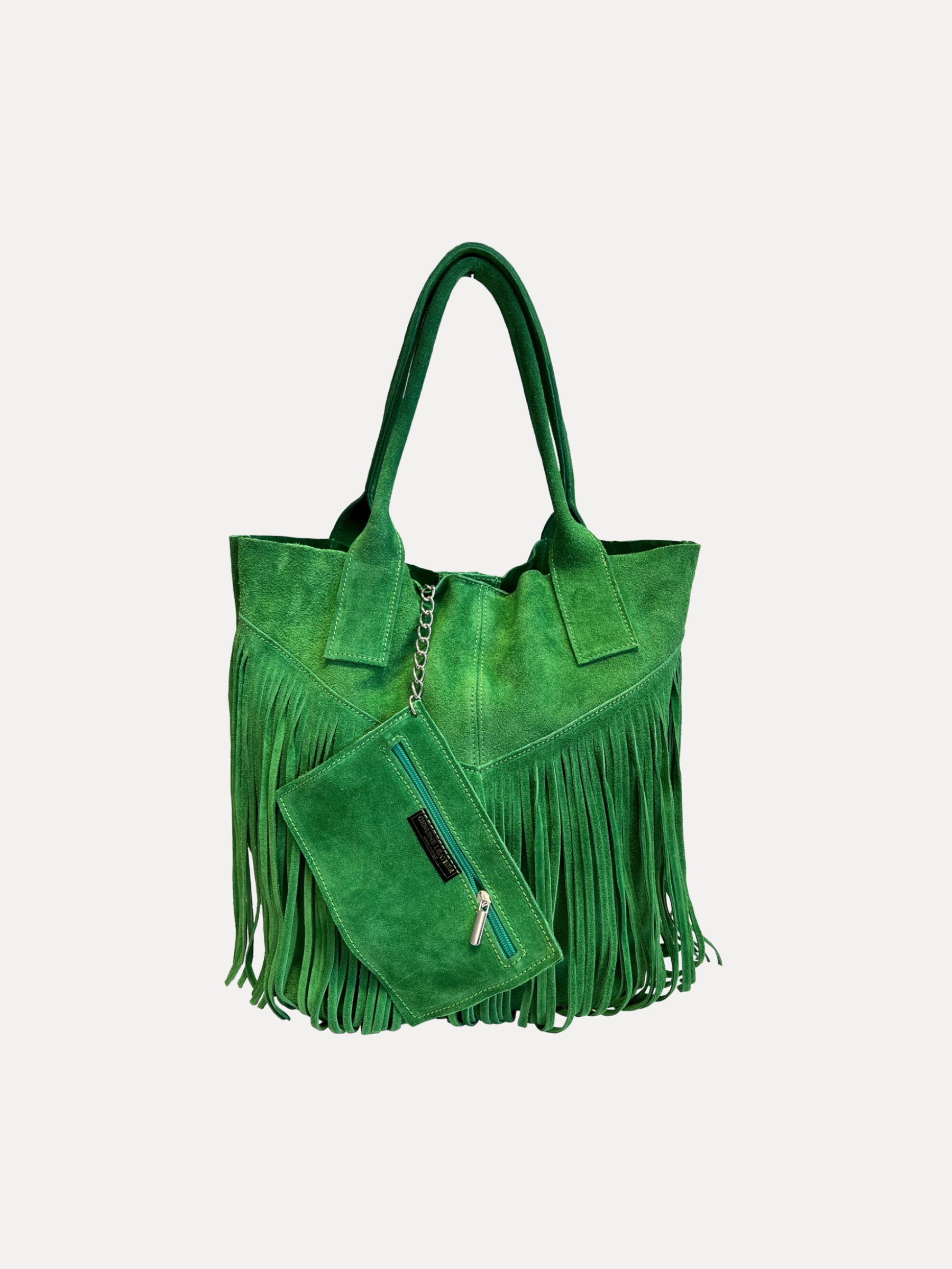 GOLDxTEAL gorgeous emerald green suede leather fringe bag.