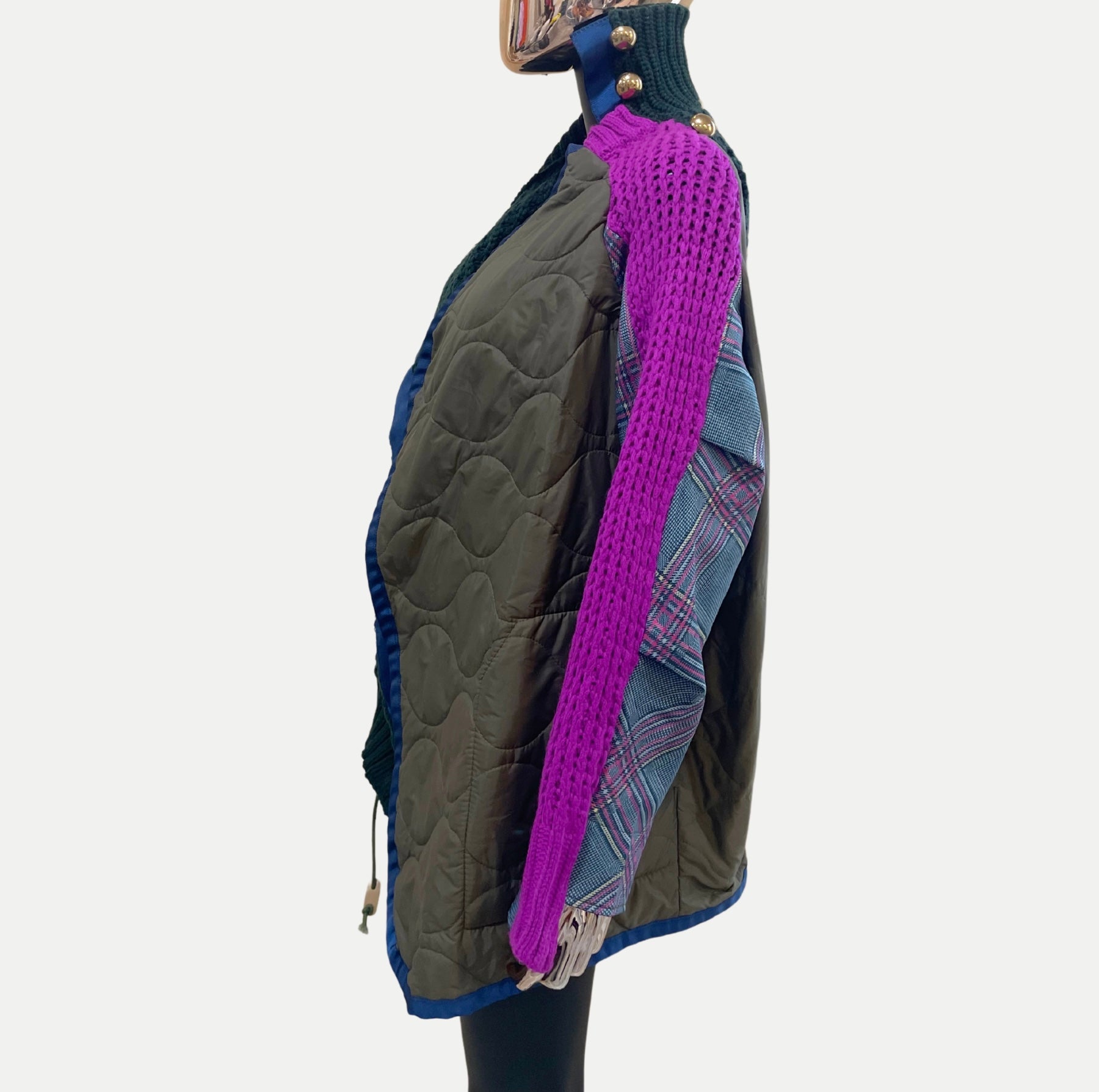 GOLDxTEAL stylish patchwork paneled knitted and padded nylon jacket.