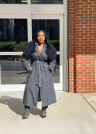 GOLDxTEAL charcoal denim and fur trench coat.