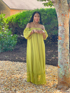 GOLDxTEAL chartreuse off the shoulder maxi dress. Gorgeous green off the shoulder maxi dress with ruffle hemline