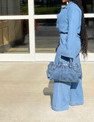 GOLDxTEAL designer washed denim tote.