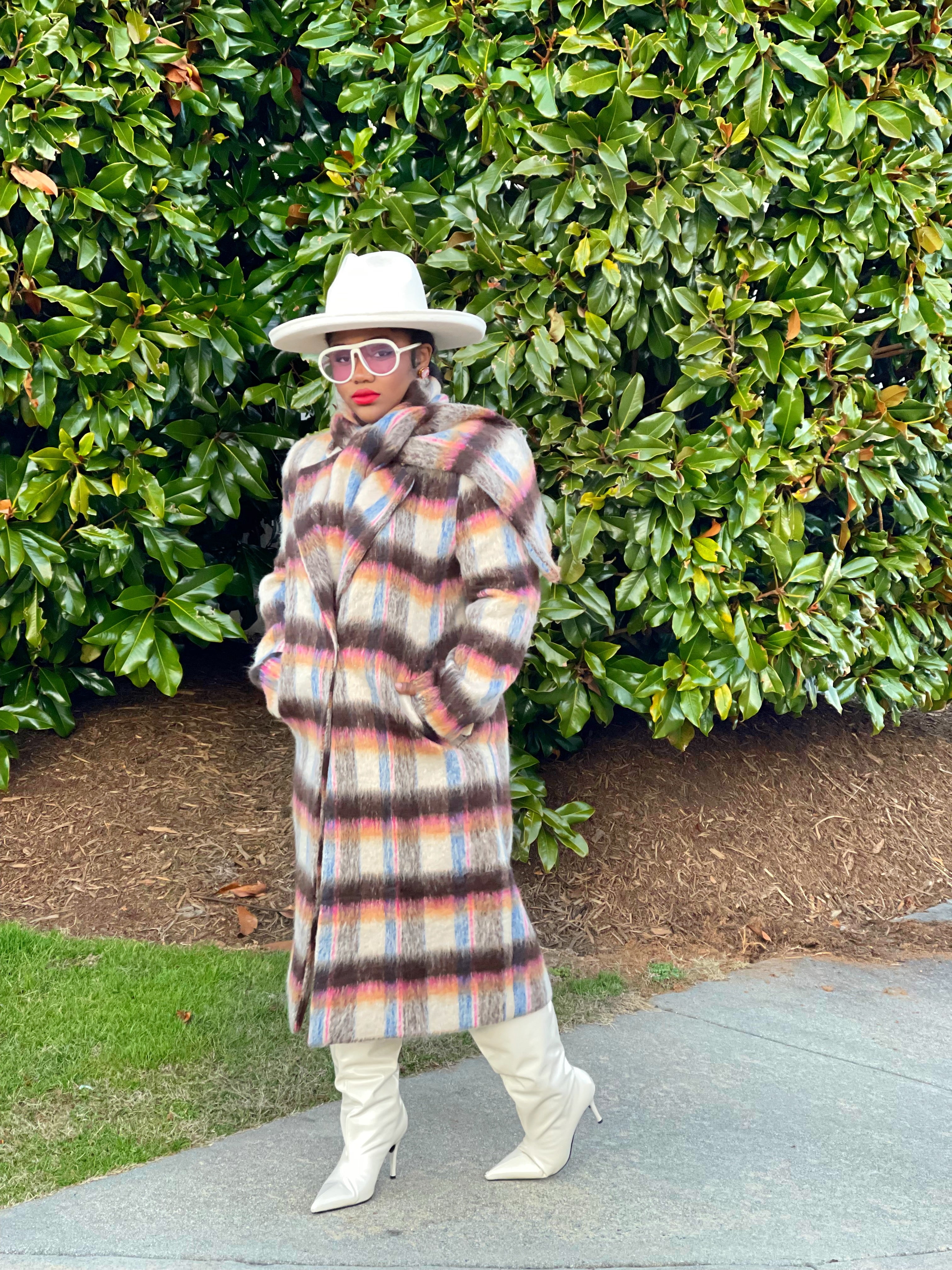 GOLDxTEAL brushed plaid coat with matching scarf.