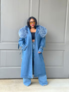 GOLDxTEAL denim fur trench coat.
