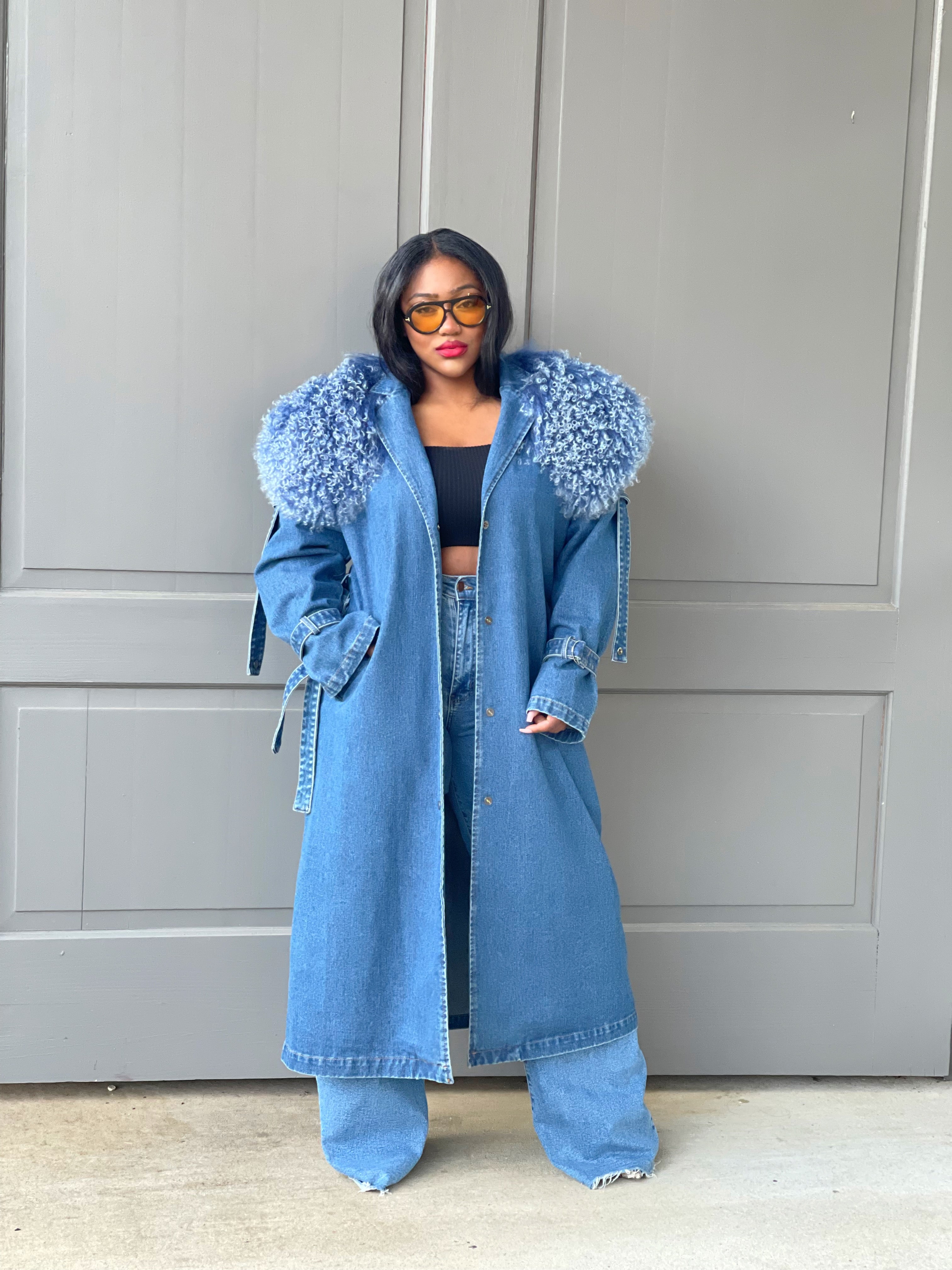 GOLDxTEAL denim fur trench coat.