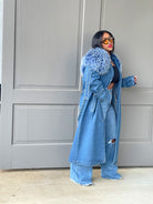GOLDxTEAL denim fur trench coat.