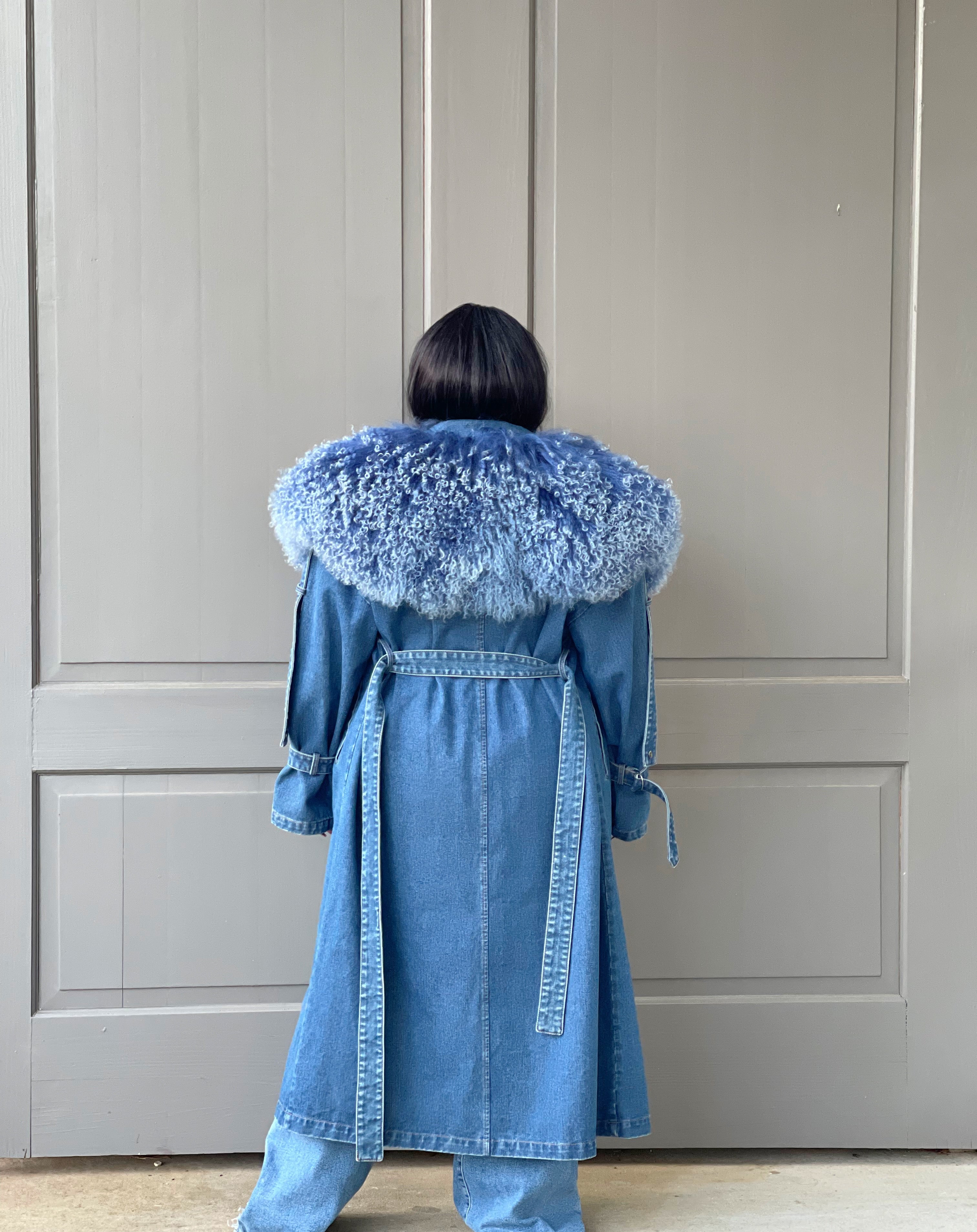 GOLDxTEAL denim fur trench coat.