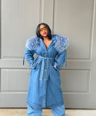 GOLDxTEAL denim fur trench coat.