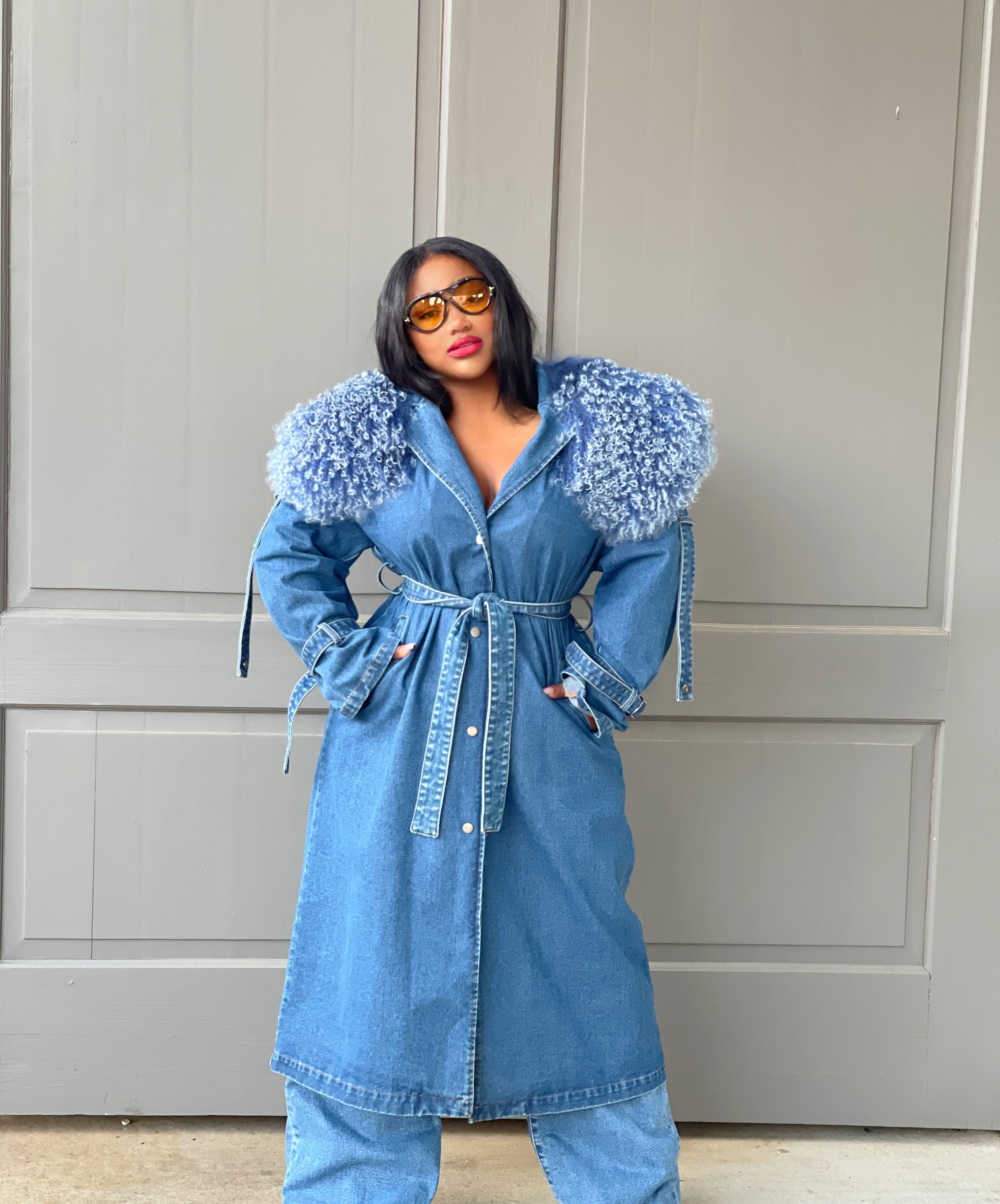 GOLDxTEAL denim fur trench coat.