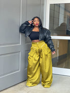 GOLDxTEAL vegan leather crop jacket.