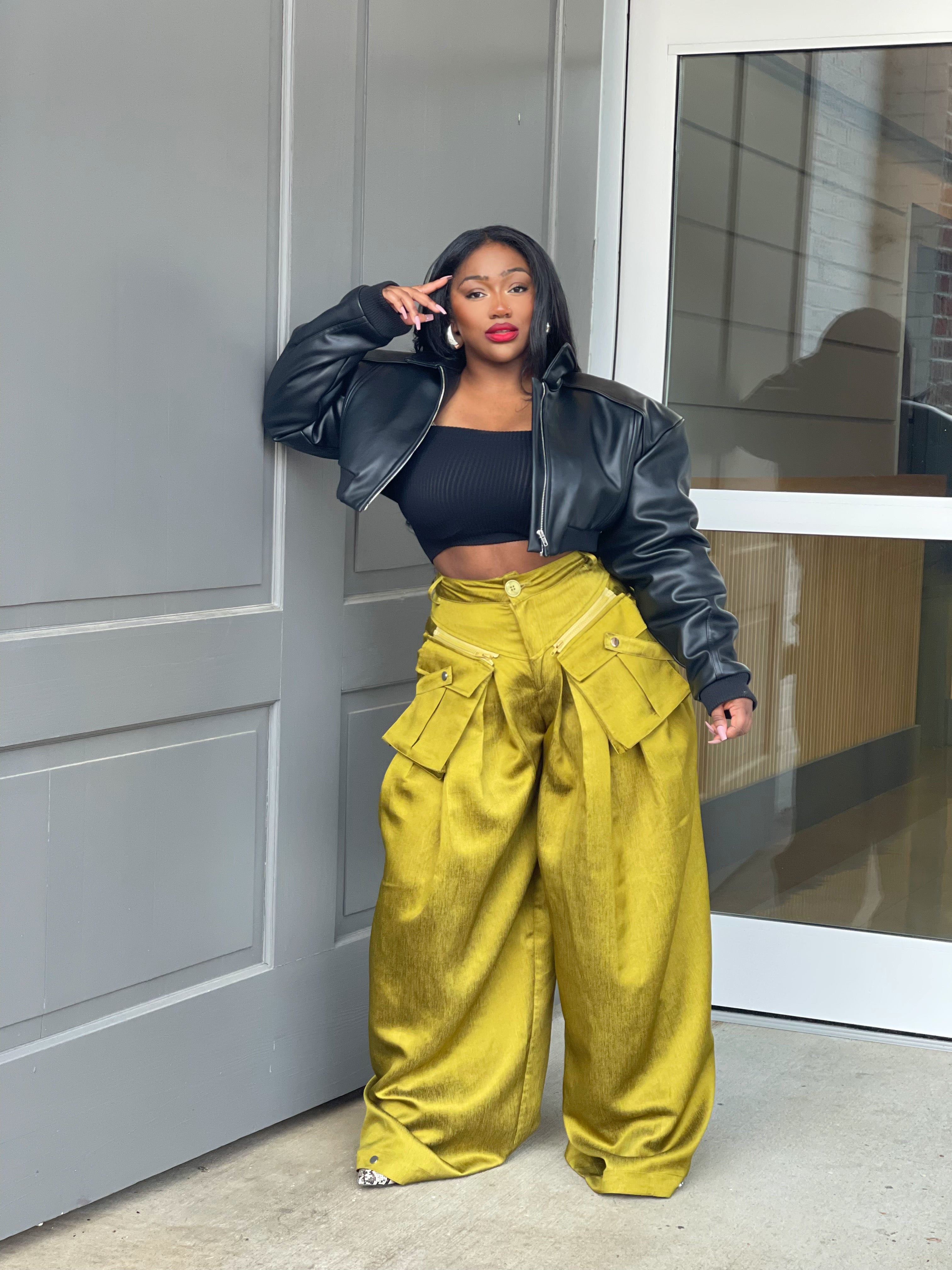 GOLDxTEAL vegan leather crop jacket.