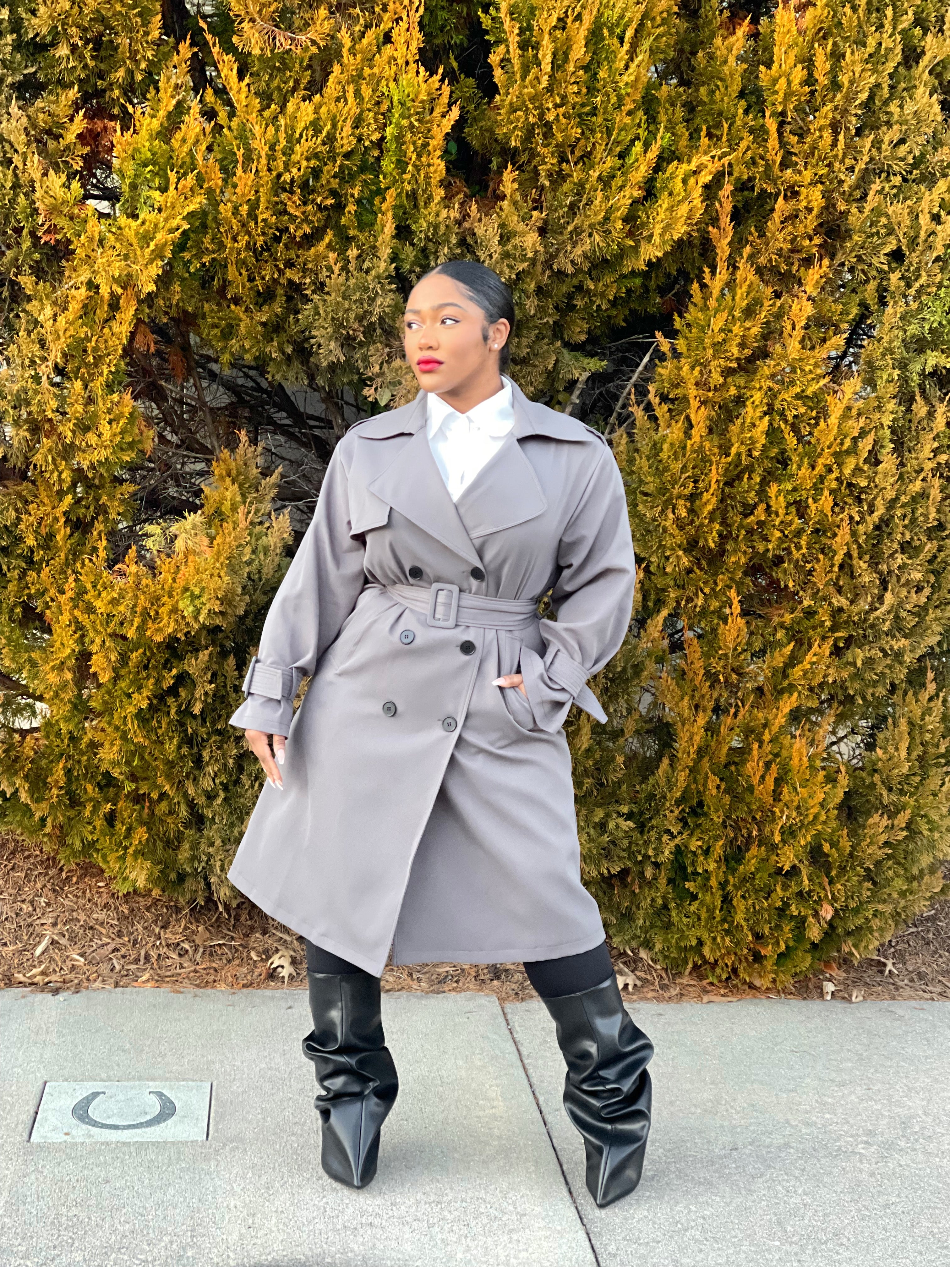GOLDxTEAL designer gray trench coat.